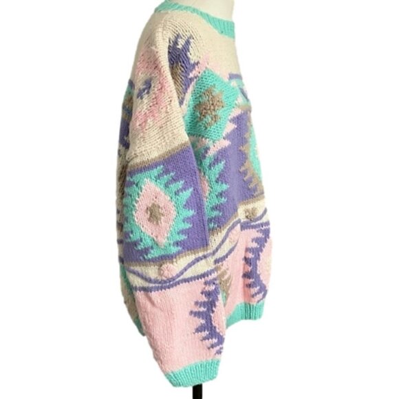 Vintage 80s Pastel Aztec Southwestern Boxy Mock Neck Pullover Sweater - M - Picture 4 of 9